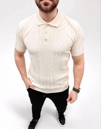 Erkek Yazlık Triko Tişört Kısa Kol Polo Yaka Düğmeli T-Shirt - Krem