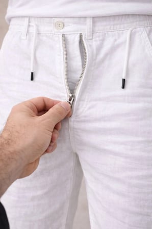 Erkek Keten Cepli Pantolon Lastikli Bel Bağcıklı Önden Fermuarlı - Beyaz