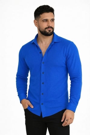 Erkek Waffle Kumaş Uzun Kollu Düğmeli Açık Yaka Regular Fit Gömlek - Saks Mavisi