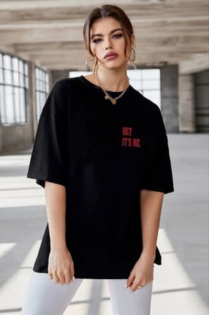 Kadın Baskılı T-Shirt Kısa Kol Bisiklet Yaka Oversize Rahat Kalıp Tişört - Siyah