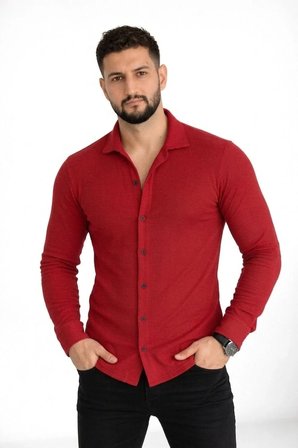 Erkek Waffle Kumaş Uzun Kollu Düğmeli Açık Yaka Regular Fit Gömlek - Kırmızı