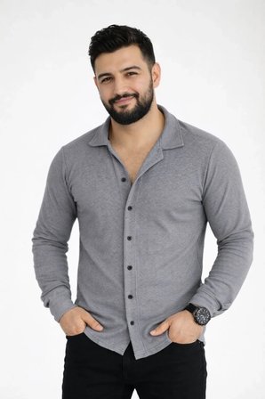 Erkek Waffle Kumaş Uzun Kollu Düğmeli Açık Yaka Regular Fit Gömlek - Füme