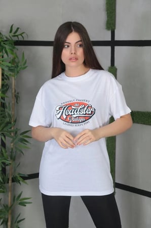 Kadın Kısa Kol Yazlık Tişört Bisiklet Yaka Baskılı Oversize T-Shirt - Beyaz