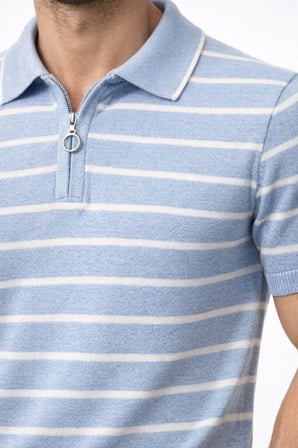 Erkek Triko Polo Yaka Fermuarlı Çizgili Tişört T-Shirt Yazlık Şık - Bebek Mavisi