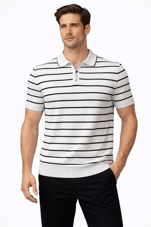 Erkek Triko Polo Yaka Fermuarlı Çizgili Tişört T-Shirt Yazlık Şık - Beyaz