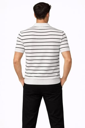 Erkek Triko Polo Yaka Fermuarlı Çizgili Tişört T-Shirt Yazlık Şık - Beyaz