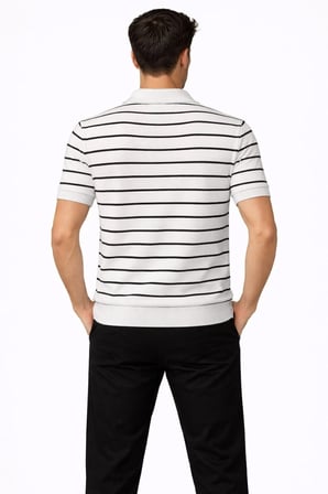 Erkek Triko Polo Yaka Fermuarlı Çizgili Tişört T-Shirt Yazlık Şık - Beyaz