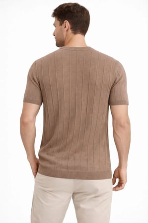 Erkek Yazlık Fitilli Triko Tişört Kısa Kol Bisiklet Yaka T-Shirt - Kahverengi