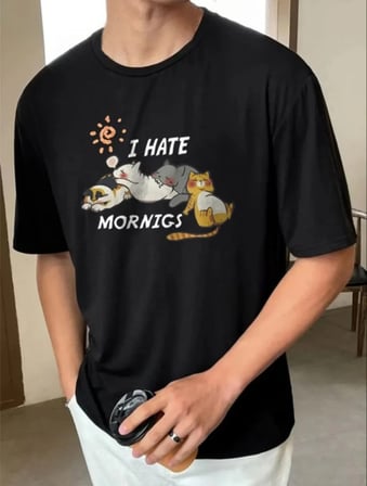 Erkek Baskılı T-Shirt Kısa Kol Bisiklet Yaka Regular Fit Rahat Kalıp Günlük Tişört - Siyah