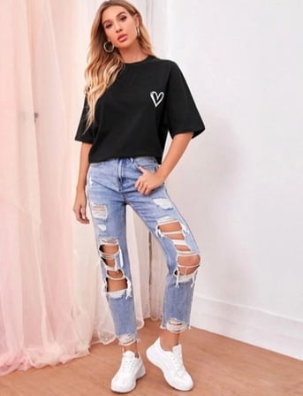 Kadın Tişört Bisiklet Yaka Baskılı Oversize T-Shirt - Siyah
