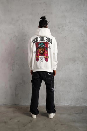Erkek 3 İplik Pamuklu Kapüşonlu Baskılı Cepli Oversize Sweatshirt Hoodie - Beyaz