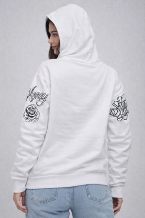 Kadın 3 İplik Pamuklu Kapüşonlu Baskılı SweatShirt hoodie - Beyaz