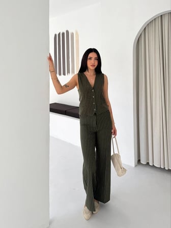 Kadın Çizgili Tansel Kumaş Yelek Pantolon İkili Takım Ofis Şık Modern - Haki