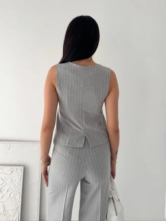 Kadın Çizgili Tansel Kumaş Yelek Pantolon İkili Takım Ofis Şık Modern - Gri