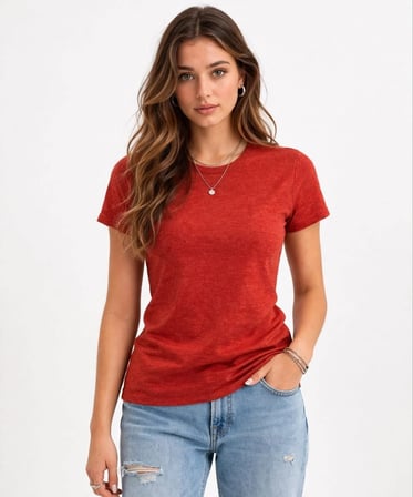 Kadın Flam Kumaş Melanj Dokulu Regular Fit Tişört Bisiklet Yaka Yazlık T-Shirt - Kiremit