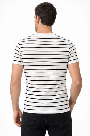 Erkek Çizgili Yazlık Triko T-Shirt Slim Fit Dar Kesim Body Bisiklet Yaka - Beyaz