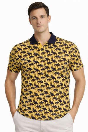 Erkek Pike Kumaş Polo Yaka Palmiye Desenli Tişört Kısa Kol Yazlık T-Shirt - Sarı