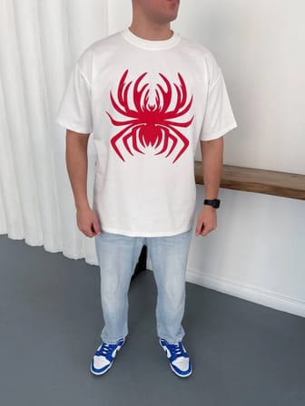 Erkek Örümcek Baskılı Tişört Kısa Kollu Bisiklet Yaka T-Shirt - Beyaz
