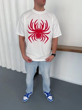 Erkek Örümcek Baskılı Tişört Kısa Kollu Bisiklet Yaka T-Shirt - Beyaz