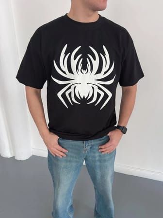 Erkek Örümcek Baskılı Tişört Kısa Kollu Bisiklet Yaka T-Shirt - Siyah