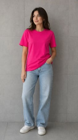 Kadın Basic Pamuklu Tişört Bisiklet Yaka Düz Renk Relaxed Fit T-Shirt - Fuşya