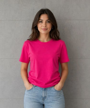 Kadın Basic Pamuklu Tişört Bisiklet Yaka Düz Renk Relaxed Fit T-Shirt - Fuşya