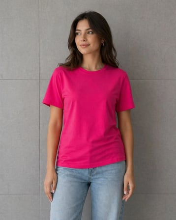 Kadın Basic Pamuklu Tişört Bisiklet Yaka Düz Renk Relaxed Fit T-Shirt - Fuşya