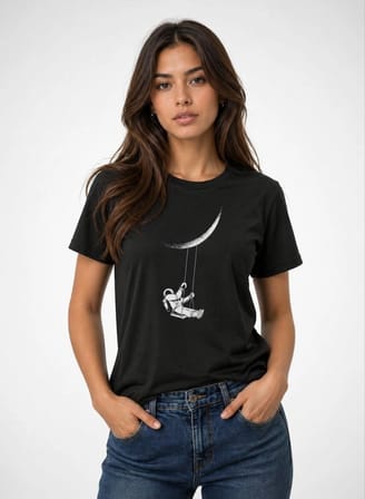 Kadın Astronot Ay Temalı Tişört Kısa Kol Yazlık Bisiklet Yaka T-Shirt - Siyah