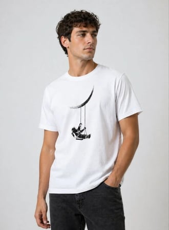 Erkek Astronot Ay Temalı Tişört Kısa Kol Yazlık Bisiklet Yaka T-Shirt - Beyaz
