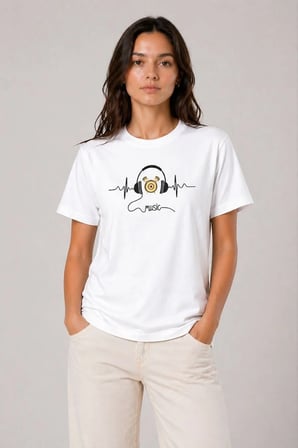 Kadın Müzik Temalı Baskılı Tişört Bisiklet Yaka Kısa Kol T-Shirt - Beyaz
