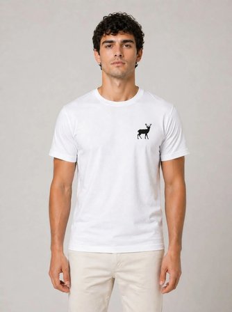 Erkek Minimal Geyik Logolu Tişört Bisiklet Yaka Kısa kol Yazlık T-Shirt - Beyaz