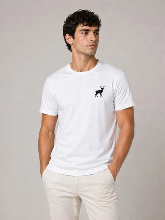 Erkek Minimal Geyik Logolu Tişört Bisiklet Yaka Kısa kol Yazlık T-Shirt - Beyaz