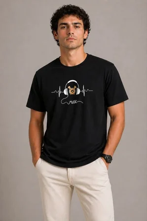 Erkek Müzik Temalı Baskılı Tişört Bisiklet Yaka Kısa Kol T-Shirt - Siyah