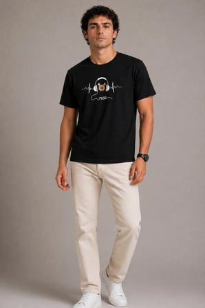 Erkek Müzik Temalı Baskılı Tişört Bisiklet Yaka Kısa Kol T-Shirt - Siyah