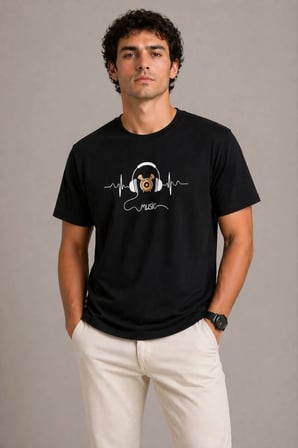 Erkek Müzik Temalı Baskılı Tişört Bisiklet Yaka Kısa Kol T-Shirt - Siyah