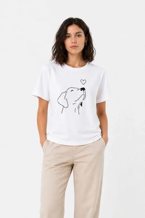 Kadın Köpek Figürlü Minimal Baskılı Tişört Kısa Kol Yazlık T-Shirt - Beyaz