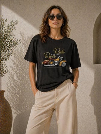 Kadın Motosiklet Baskılı Tişört Bisiklet Yaka Kısa Kol Yazlık T-Shirt - Siyah