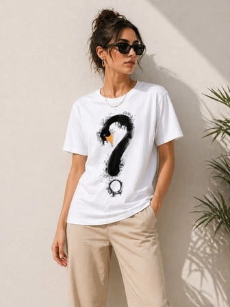Kadın Kuğu Figürlü Soru İşareti Baskılı Tişört Kısa Kol T-Shirt - Beyaz