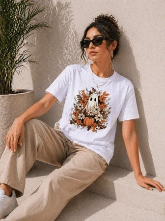 Kadın Balkabağı Hayalet Baskılı Tişört Kısa Kol Yazlık T-Shirt - Beyaz