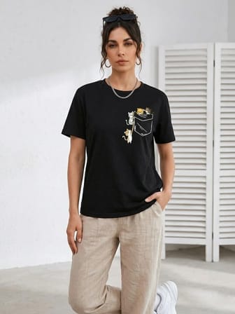Kadın Sevimli Kedi Cep Baskılı Tişört Kısa Kol Yazlık T-Shirt - Siyah