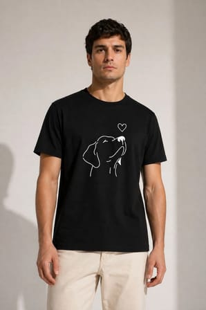 Erkek Köpek Figürlü Minimal Baskılı Tişört Kısa Kol Yazlık T-Shirt - Siyah