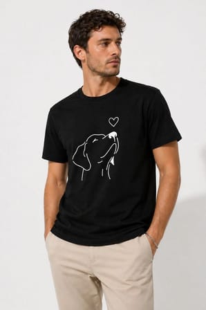 Erkek Köpek Figürlü Minimal Baskılı Tişört Kısa Kol Yazlık T-Shirt - Siyah