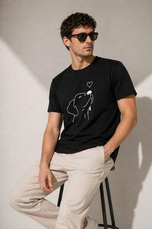 Erkek Köpek Figürlü Minimal Baskılı Tişört Kısa Kol Yazlık T-Shirt - Siyah