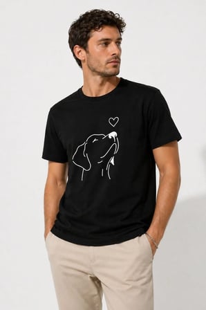 Erkek Köpek Figürlü Minimal Baskılı Tişört Kısa Kol Yazlık T-Shirt - Siyah