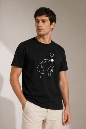 Erkek Köpek Figürlü Minimal Baskılı Tişört Kısa Kol Yazlık T-Shirt - Siyah