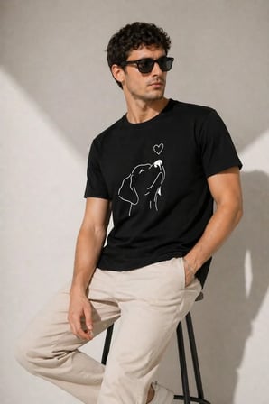 Erkek Köpek Figürlü Minimal Baskılı Tişört Kısa Kol Yazlık T-Shirt - Siyah