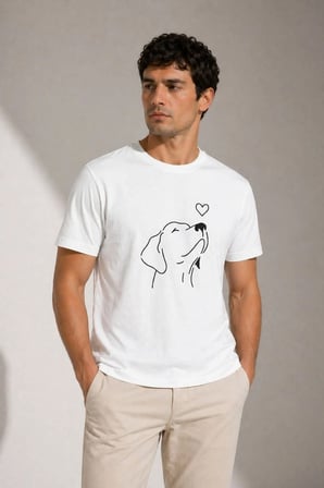 Erkek Köpek Figürlü Minimal Baskılı Tişört Kısa Kol Yazlık T-Shirt - Beyaz