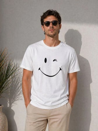 Erkek Minimal Gülümseyen Yüz Baskılı Tişört Kısa Kol Yazlık T-Shirt - Beyaz