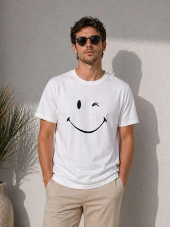 Erkek Minimal Gülümseyen Yüz Baskılı Tişört Kısa Kol Yazlık T-Shirt - Beyaz