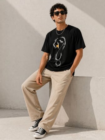 Erkek Kuğu Figürlü Soru İşareti Baskılı Tişört Kısa Kol T-Shirt - Siyah